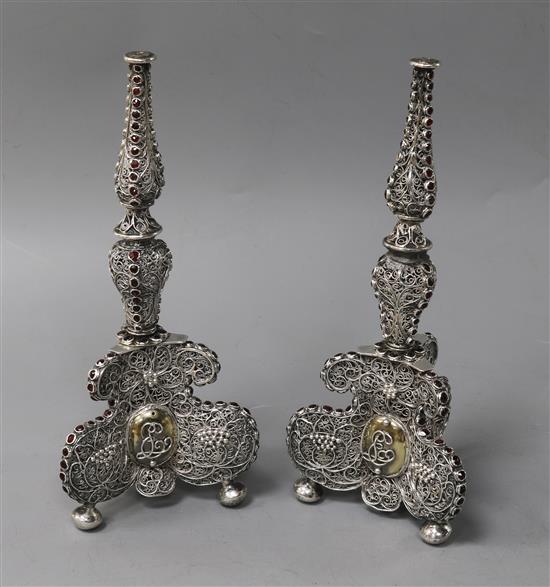 A pair of antique continental silver filigree and gem set bases, 17.5cm.